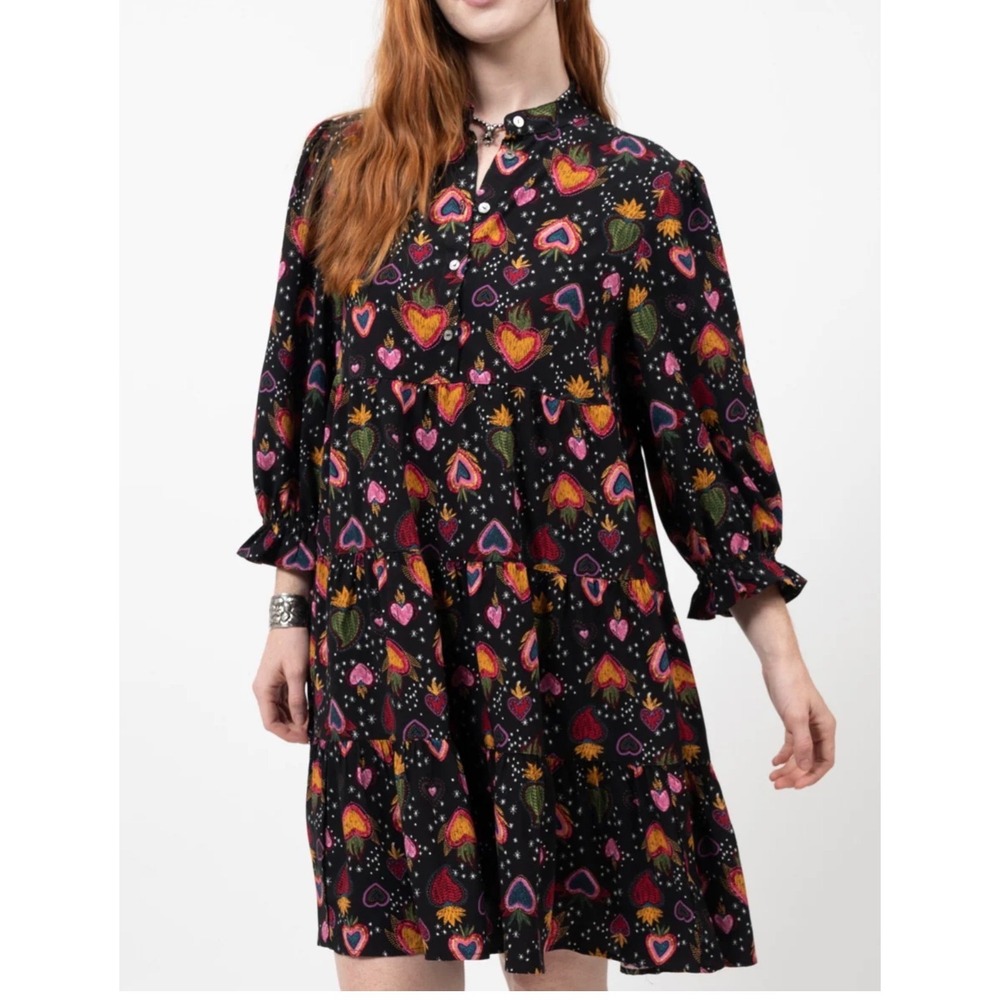 Uncle Frank Black Hearts of Flame Sacred Tiered Mini Dress Long Sleeve Medium